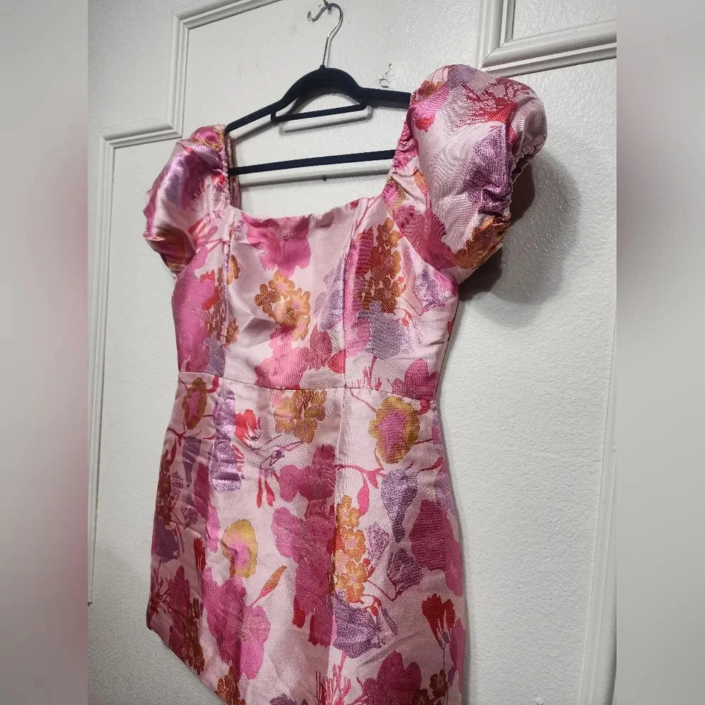 Lulus So Stunning Orange Multi Floral Jacquard Puff Sleeve Mini Dress Party - Picture 8 of 9
